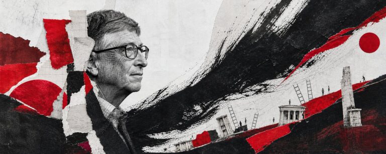 Bill Gates portrait with abstract red, black and white imagery representing the societal transition to AI