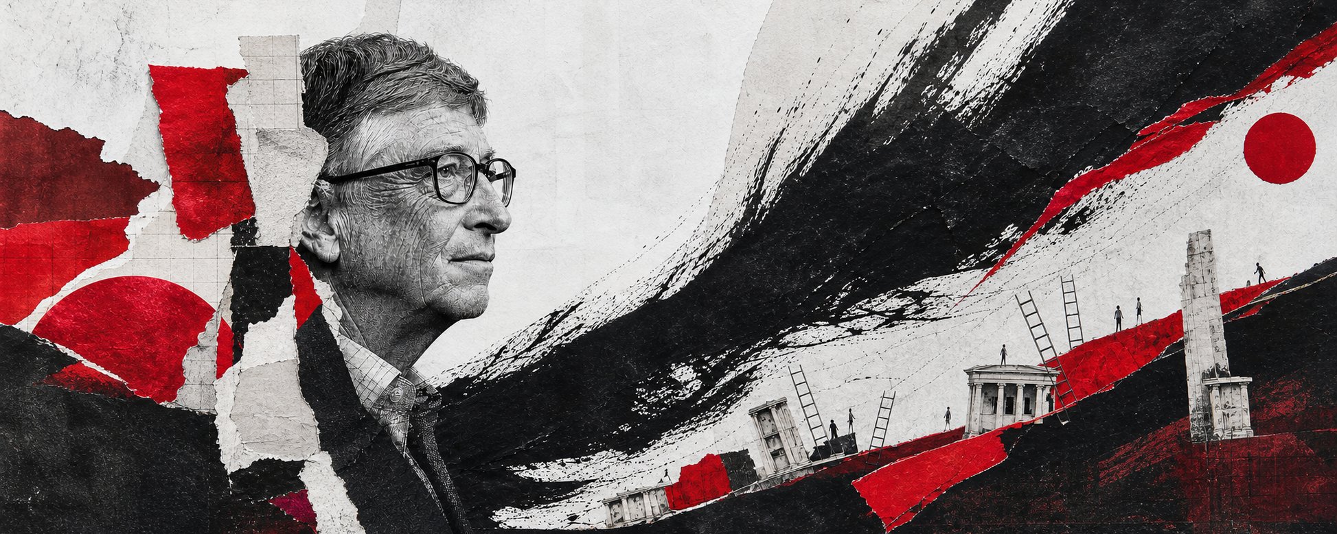 Bill Gates portrait with abstract red, black and white imagery representing the societal transition to AI